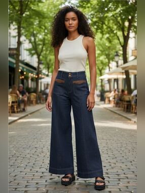 Maeve Dark Blue Wide-Leg Flare Jeans with Brown Trim